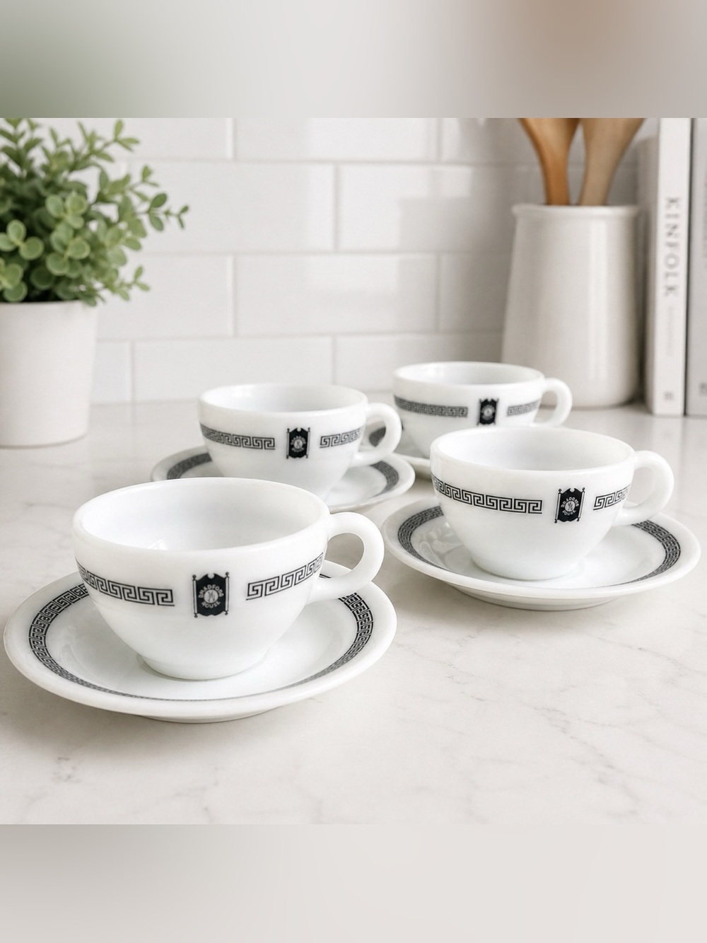 Pyrex Bradford House Milk Glass Cup Saucer Set of 4 Greek Key USA Vintage